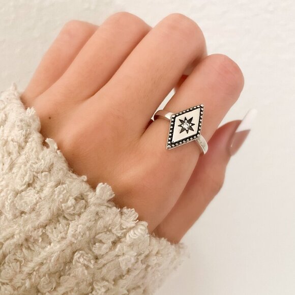 925 Sterling Silver Boho Ring Diamond Celestial Ring Dainty Ring Geometric - Picture 1 of 10